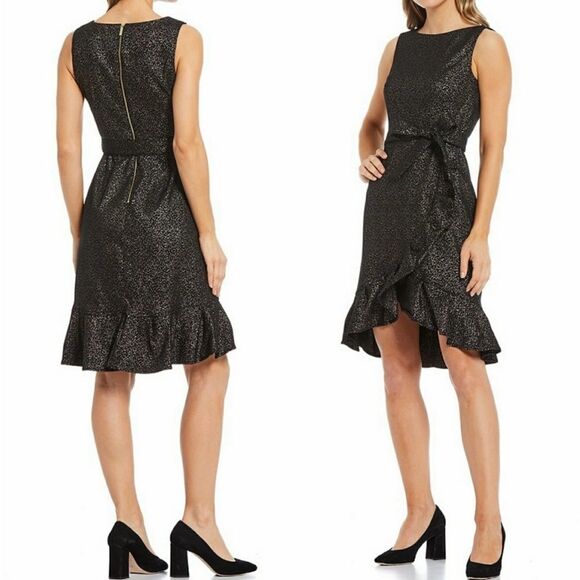 Calvin Klein Faux Wrap Dress Black Metallic Ruffle Hem Stretch Dress Sz 6 NWT - Picture 2 of 11